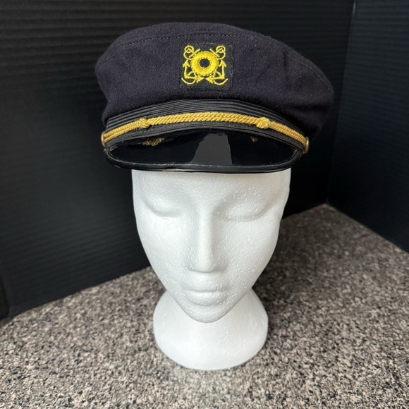 Vintage 40s–50s Maritime Nautical Wool Cap Men's 6 3/4 Navy Gold Rope Anchor